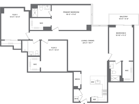 Floor plan for 2 beds, 3 baths, 1855 sqft